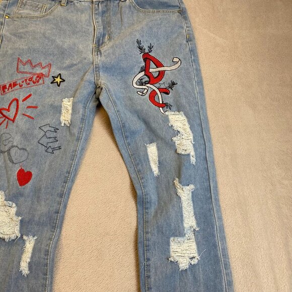 GB Design Woman's Jeans 32 With Embroidered Graphic Patches & Ripped Details - Picture 12 of 15